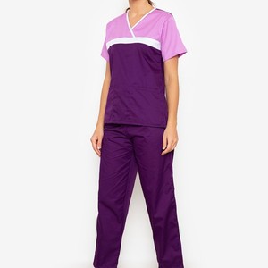 Women <b>Purple</b> V-Neck Short Sleeve Scrub Set Cotton Polyester Woven Hospital Uniforms Pants - Product Image 5