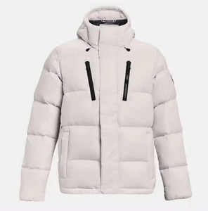 <b>Men's</b> <b>White</b> Hooded Stand Collar Anti-Wrinkle <b>Puffer</b> <b>Jacket</b> Front Customizable Polyester Wadding Filled Windproof Zipper Closure - Product Image 1