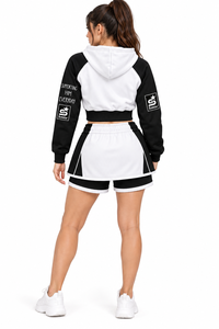 <b>Women</b>’s Custom Crop White Black Hoodie Skirt <b>Shorts</b> Set 3 Piece Sportswear Tracksuit Set Custom Logo Casual Athletic Clothing - Product Image 2