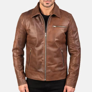Custom Wholesale <b>Men</b> Genuine <b>Leather</b> <b>Jacket</b> Brown Slim Fit Biker Motorcycle Stand Front Waterproof Eco-Friendly Autumn Winter - Product Image 2