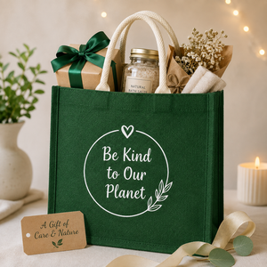 Bolsa de compras de yute Be Kind To Our Planet, 16x14x5 pulgadas, verde, reutilizable, con costuras resistentes y fuelle ancho - Product Image 6