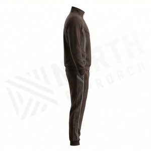 <b>Men's</b> Dark Brown <b>Tracksuit</b> Full Zip Front Logo Solid Color Casual Sportswear With Side Pockets Regular Fit Autumn Wear - Product Image 2