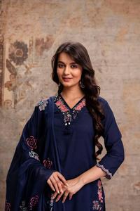 Traje Salwar de Algodón Azul Marino Bordado para Mujer, Estilo Tradicional, Corte Regular, Largo hasta la Rodilla, Secado Rápido, para Todas las Temporadas, Ideal para Bodas - Product Image 2