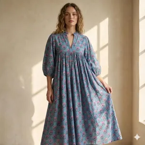 Vintage Sky Blue Floral Block Print Cotton Midi <b>Dress</b> With Puff Sleeve <b>Loose</b> Fit V-Neck Summer <b>Dress</b> For Women - Product Image 1