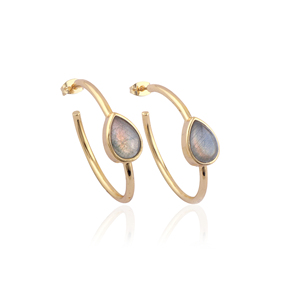 Pendientes de aro clásicos de latón chapado en oro con labradorita arcoíris natural en forma de pera, elegantes para mujer, ideales para regalo. - Product Image 1