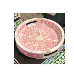 Plateaux de service et de rangement en résine et nacre, finition naturelle, best-sellers pour le Ramadan et l'Aïd, plateaux ronds tendance pour la table - Product Image 5