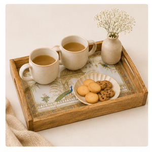 Handcrafted Pichwai Art Wooden Serving Tray Luxury Peacock Design Decorative Platter for <b>Home</b> Traditional Indian Handicrafs - Product Image 2