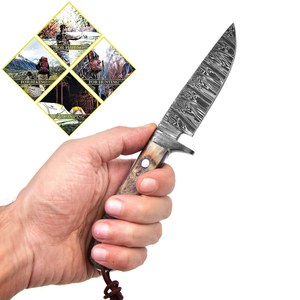 Custom Handmade Hunting Knife with <b>Fire</b> Pattern Damascus Steel Blade and Horn Handle 8-Inch Overall Length with Leather Sheath - Product Image 3