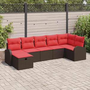 Ensemble de jardin en polyrotin marron et rouge avec canapé à coussins et rangement - Product Image 1