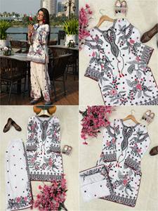 Elegant white maslin cotton <b>kurti</b> with heavy thread embroidery border handmade latkan neck paired with embroidered plazzo set - Product Image 6