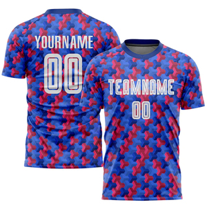Conjunto de Uniforme de Fútbol Sublimado Geométrico Azul y Rojo Personalizado, Uniforme de Fútbol de Manga Corta de Secado Rápido Unisex para Adultos - Product Image 2