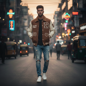 Chaqueta Varsity Personalizada RexFit Sport para Hombre, Chaqueta Bomber de Béisbol con Mangas de Cuero, Logotipo Bordado, Ropa Urbana OEM - Product Image 4