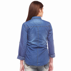 Camisa vaquera para mujer con cuello vuelto, manga tres cuartos, color liso, top informal con bolsillos, ropa de primavera - Product Image 2