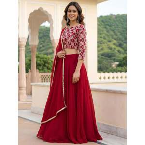 <b>Red</b> Embroidered Georgette Plus Size <b>Lehenga</b> Choli for <b>Wedding</b> - Product Image 4