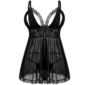 Ensemble de lingerie babydoll pour femmes grande taille, sexy, en dentelle, avec short, col en V, sans manches, floral, en polyester/coton, doux et respirant - Product Image 4