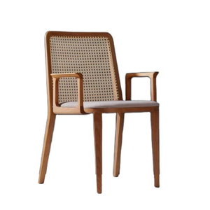 A high-quality, durable wooden <b>dining</b> <b>chair</b> featuring armrests, a woven rattan backrest, and a cushioned seat <b>Mid</b>-<b>Century</b> desig - Product Image 1