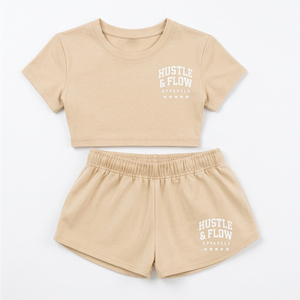 Women's Custom Logo Solid Color Crop T-Shirt and Shorts <b>Set</b> Regular Fit Casual Wear Shorts <b>Set</b> High Street Style Women Twin <b>Set</b> - Product Image 1