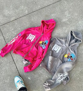 OEM Wholesale Street <b>Gothic</b> Punk Hip Hop Zipper Embroideries Men's Hoodie 500GSM Full-Zip Hoodie Acid Wash Distressed <b>Hoodies</b> - Product Image 2