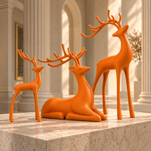 Trio de figurines de cerfs artistiques orange avec cornes |   Ensemble de 3 sculptures élégantes pour table, salon, bureau, étagère, décoration intérieure - Product Image 2