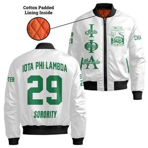 Chaqueta Bomber Personalizada para Mujer Iota Phi Lambda, Blanca, con Escudo Griego en la Parte Delantera y Trasera, Número del Año, con Cierre - Product Image 4