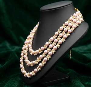 Luxury 3 Layer Pink Pearl Beaded Necklace Set Gold Plated Floral <b>Spacer</b> Beads Bridal Wedding Jewelry for Women - Product Image 2