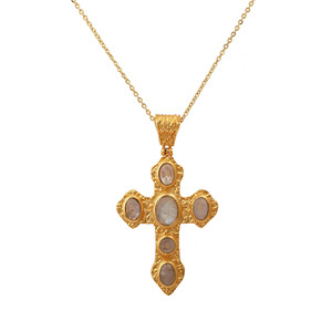 Rainbow Moonstone <b>Cross</b> Pendant Gemstone Necklace 18k Gold Plated Jewelry For Gift - Product Image 2