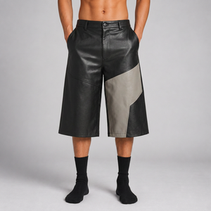 <b>Mens</b> Color Blocked Leather Look Bermuda <b>Shorts</b> Mid Waist Button Fly Street Style Panelled Design Solid Gray <b>Black</b> - Product Image 6