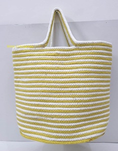 Handcrafted yellow & white braided cotton rope <b>tote</b> <b>bag</b> with durable handles perfect for beach <b>bags</b> with cotton linings & <b>zipper</b> - Product Image 4