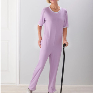 Women's Hospital Patient Gown <b>Jumpsuit</b> Lavender Knitted Cotton Blend <b>With</b> Side <b>Pockets</b> And Short Sleeves <b>With</b> Full Back Zip - Product Image 1