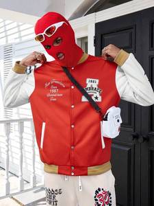 Red & White College Baseball <b>Jacket</b> for <b>Men</b> with Contrast Star Arm Design Varsity Style Streetwear Outerwear <b>Warm</b> Winter Fashion - Product Image 3
