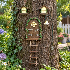 Décoration de Tronc d'Arbre en Résine, Porte Féerique Murale, Ornement d'Arbre <span class=keywords><strong>avec</strong></span> Mini Fenêtres, Échelle et Décoration Lumineuse - Product Image 1