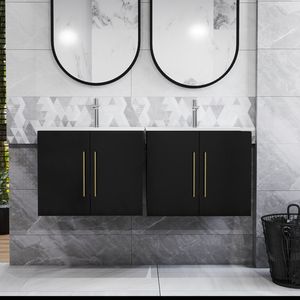Mobile bagno sospeso da 24 pollici con doppio lavabo in ceramica, ante con cerniere a chiusura ammortizzata, montaggio facilitato, finitura oro metallico - Product Image 2