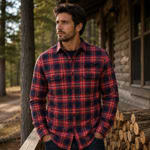 Custom Men's Long Sleeve Plaid Flannel Shirt Regular Fit Casual Red Navy 100% Cotton Heat-Transfer Printed Single <b>Button</b> Closure - Product Image 3