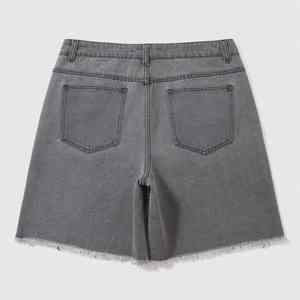 Short en jean décontracté coupe droite personnalisé pour hommes, style vintage, en coton, avec bord brut et fermeture éclair, orné de strass - Product Image 2