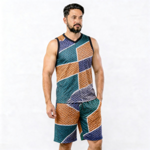 Conjunto de camiseta sin mangas y pantalones cortos con estampado geométrico para hombre, cuello en V, de secado rápido, tejido de poliéster, estilo deportivo, para verano. - Product Image 1