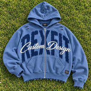 Wholesale Unisex Washed Fleece <b>Hoodie</b> With <b>Large</b> Chest Letter Applique Distressed Print Kangaroo Pocket And Ribbed Cuff OEM - Product Image 6