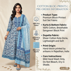 Traje Punjabi Profesional Blanco y Azul |   Conjunto de Kurti y Pijama con Estampado Floral Hecho a Mano con Borde |   Maestro de la confección de sarongs indios - Product Image 6