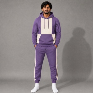 Ensemble de survêtement unisexe violet à blocs de couleur, imprimé, épais, avec sweat à capuche et pantalon de jogging à rayures latérales pour le streetwear - Product Image 1