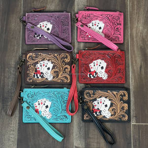 New Design Hand Tooled Genuine Leather Western Mini <b>Wallet</b> Zipper Closure,Poker <b>Cards</b> Dice Design Coin ATM <b>Card</b> <b>Holder</b> <b>Wallet</b> - Product Image 3