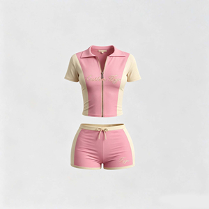 Custom <b>Rhinestone</b> logo Track Suit for Women Set Color Blocking Short Sleeve Zip <b>Jacket</b> and Shorts Women's Summer Two-piece Set - Product Image 2
