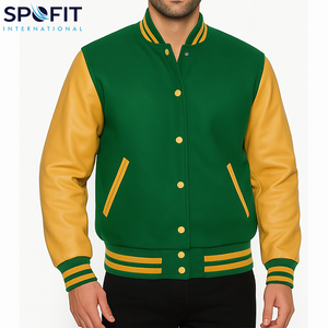 Veste bomber varsity de qualité supérieure, sur mesure, coupe ajustée, pour hommes, en laine avec manches en cuir, fermeture à boutons. - Product Image 1