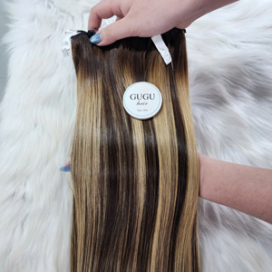 Extensions de cheveux vierges vietnamiens lisses, couleur BLONDE MÈCHES NOIRES, Super Double Drawn, avec closure et double trame, fabrication à la machine - Product Image 1