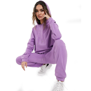Ensemble de survêtement violet à capuche pour femme, manches longues, couleur unie, coupe décontractée ample avec poches latérales et taille à cordon, idéal pour l'automne - Product Image 3