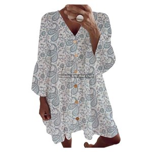 Vestido sexy de primavera/verano 100% algodón con mangas acampanadas y estampado a bloques, hecho a mano, para fiesta. - Product Image 6