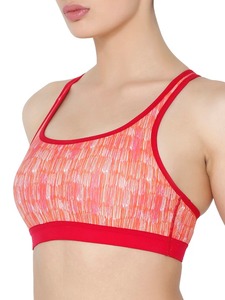 Sujetador deportivo estampado para mujer con espalda cruzada, cuello redondo, soporte medio, transpirable, para fitness y entrenamiento, top deportivo con ribete en contraste rojo - Product Image 1