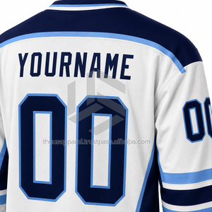 Jersey de Hockey sobre Hielo Personalizado para Hombre, Blanco, Azul Marino, Cuello en V, Manga Larga, Sublimado, 100% Poliéster, Absorbe la Humedad, Corte Regular - Product Image 5