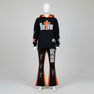 Ensemble de survêtement unisexe noir et orange pour l'hiver, imprimé sur mesure, à capuche, décontracté, léger, deux pièces, tenue streetwear, 100% coton - Product Image 2