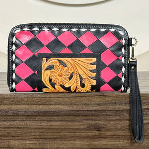 Hot Selling <b>Pink</b> Black Checker Diamond Pattern Genuine Leather Wristlet Wallet Cute Card & Cash Holder Women Evening <b>Clutch</b> <b>Bags</b> - Product Image 4