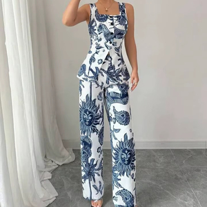 Womens Blue & White Printed Peplum Top with Wide Leg Pants Co ord <b>Set</b> - Product Image 1