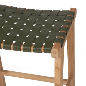 Tabouret de bar en teck de style mid-century avec assise en cuir tressé, chaise de salle à manger écologique et durable pour la maison - Product Image 2
